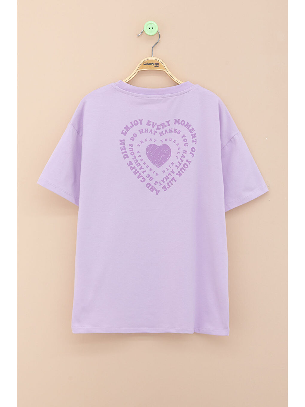 Lila Sırtı Kalp Baskılı Yazılı Kız Çocuk Bisiklet Yaka Tişört 20971-2