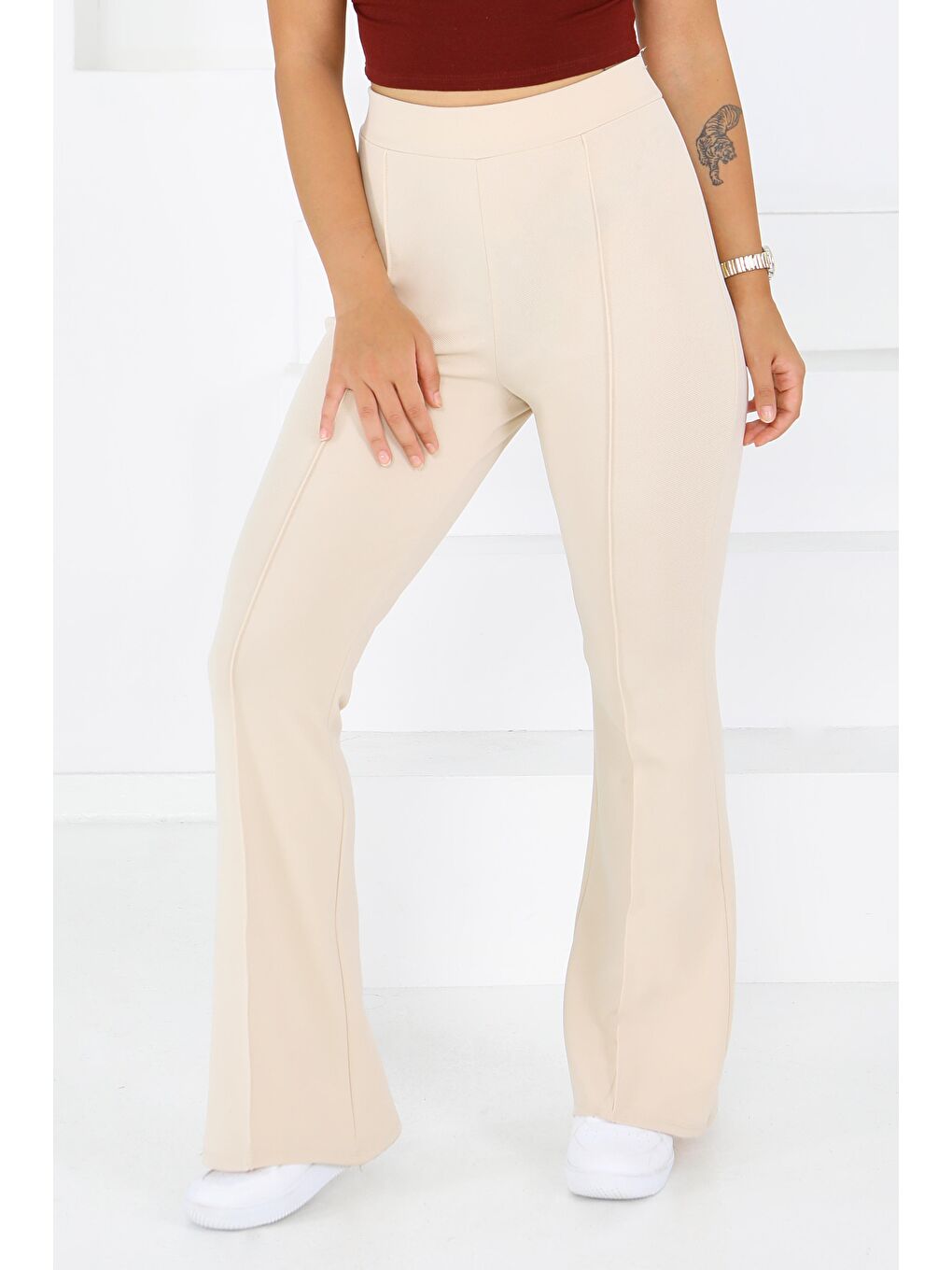 Ekru Çımalı İspanyol Paça Krep Pantolon Krem - 27623-1