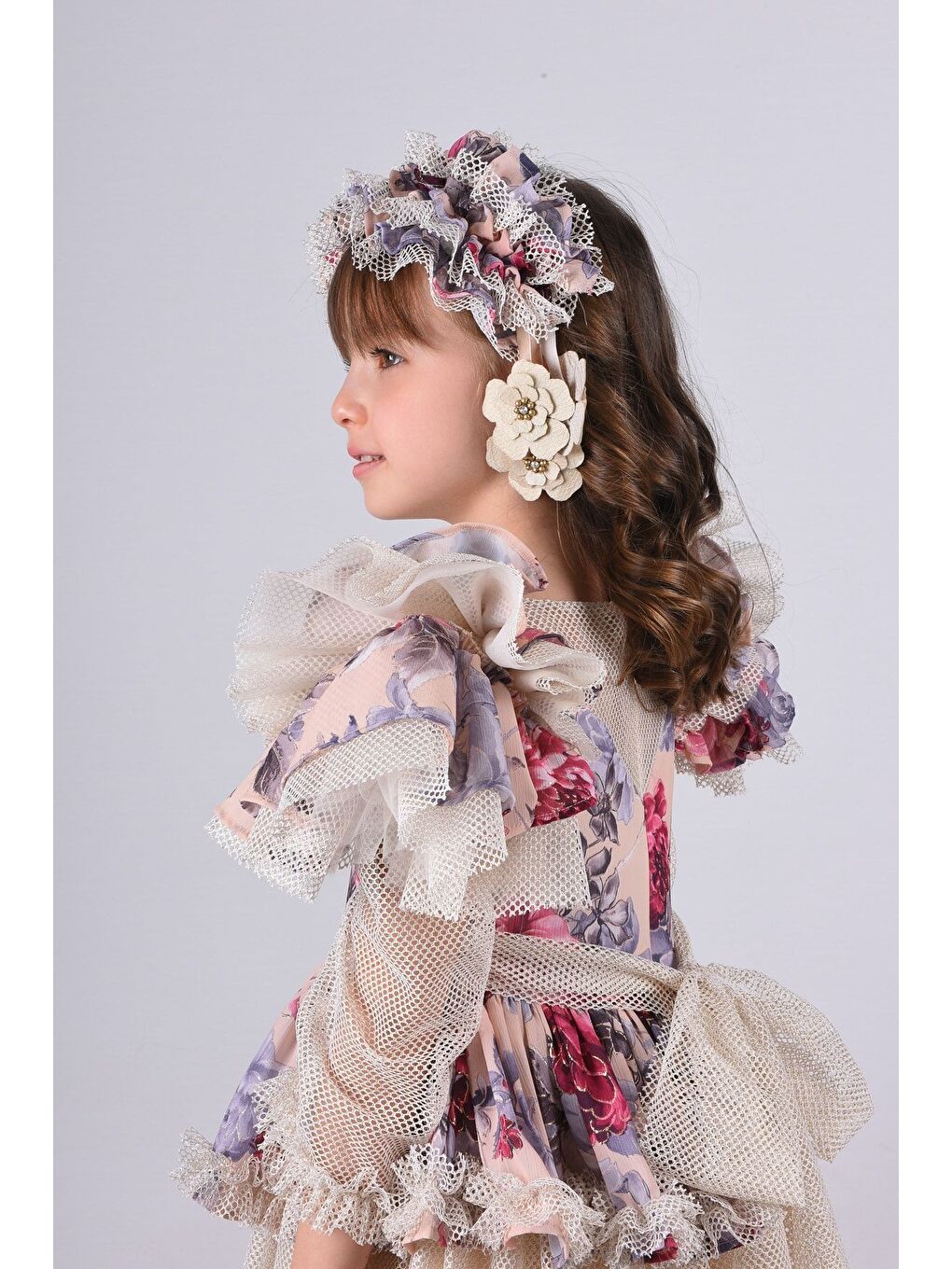 Mialora Fuşya Saç Aksesuarlı Kız Çocuk Uzun Vintage Elbise - 3