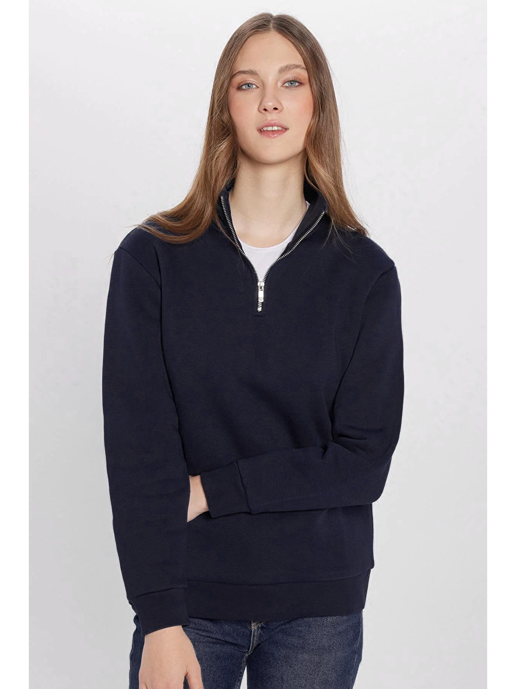 Unisex Relax Fit Rahat Kesim Pamuklu İçi Polarlı Yarım Fermuarlı Lacivert Dik Yaka Sweatshirt-2