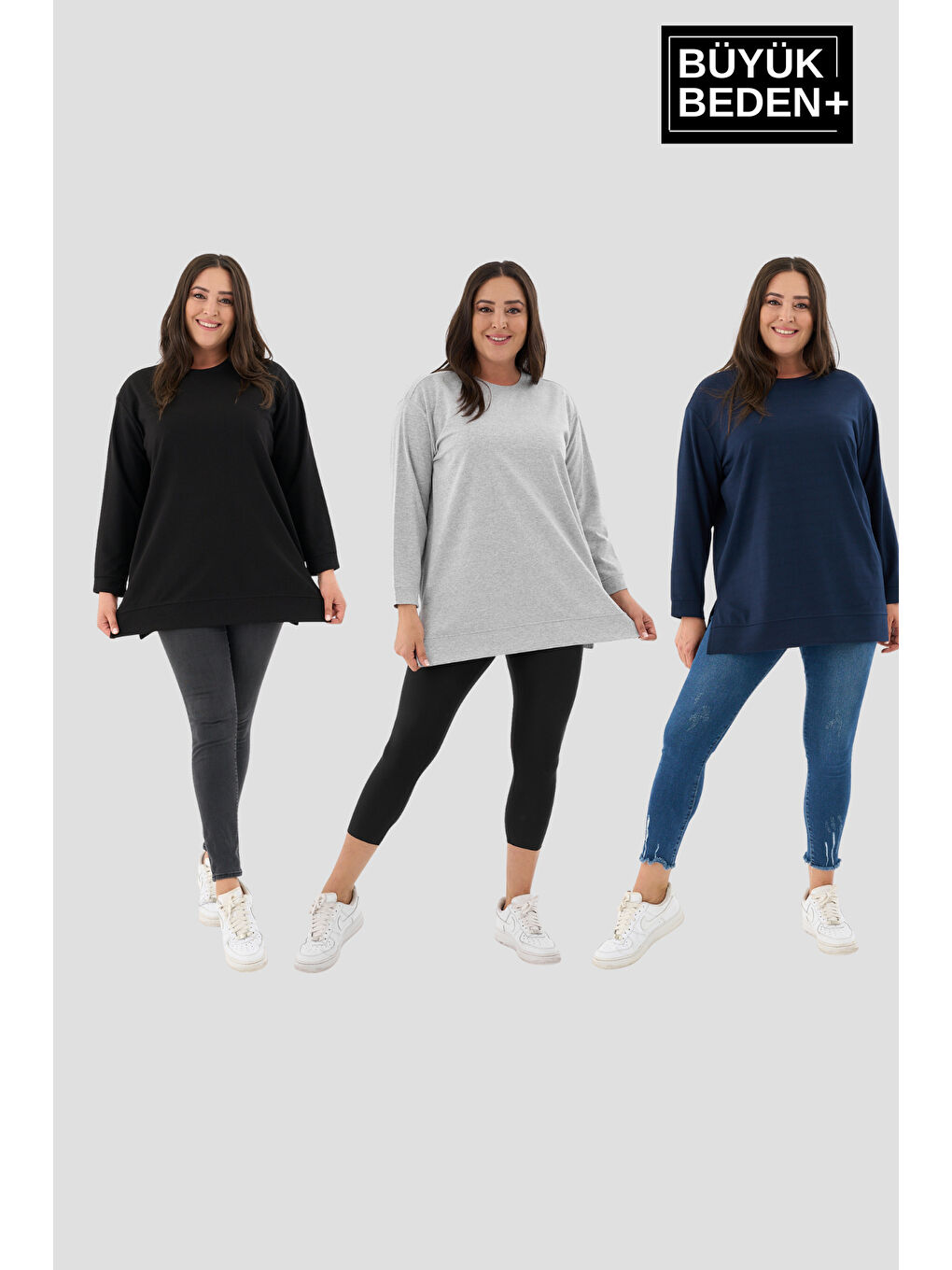 Siyah Kadın Büyük Beden 3'lü Set ince Sweatshırt Tunik SPR26BTK990+3