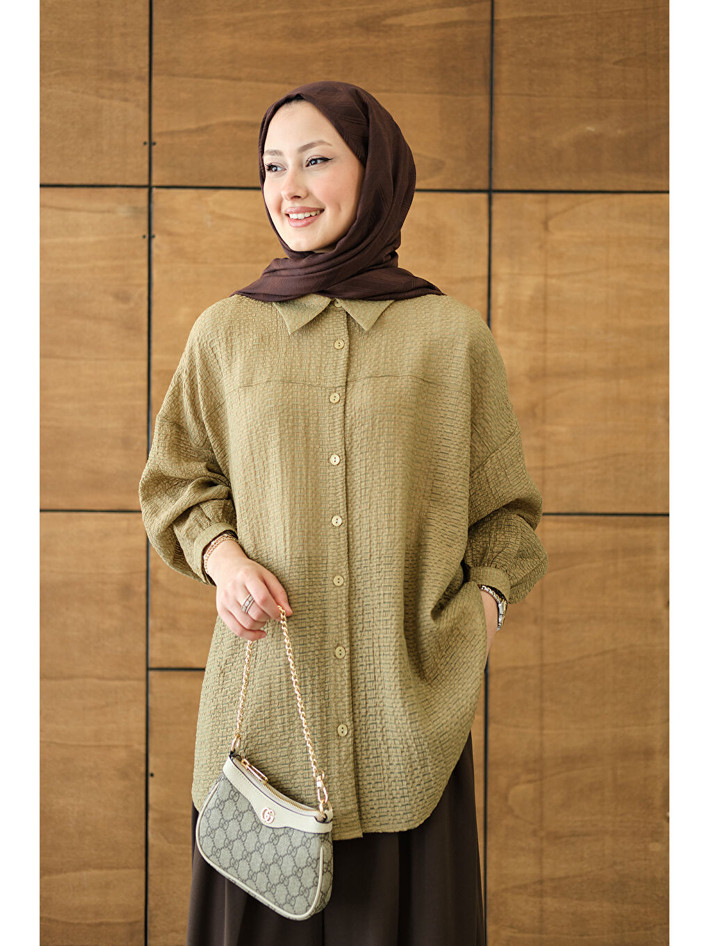 Kadın Kendinden Desenli Bel Bağlamalı Yağ Yeşil-2