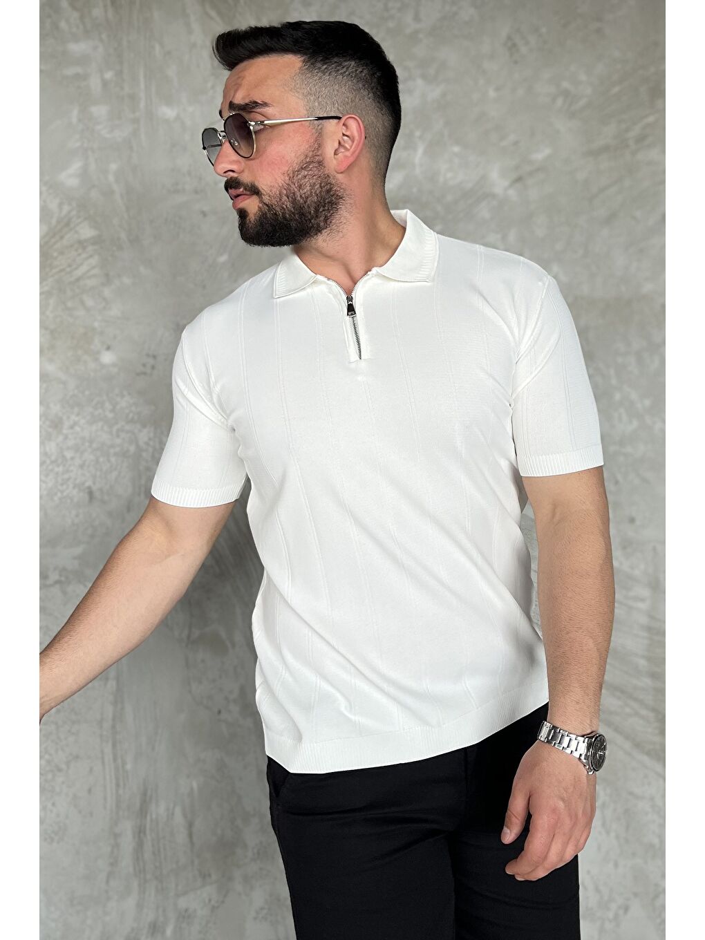 Ekru Erkek Bisiklet Yaka Yarım Fermuarlı Triko Tişört-1