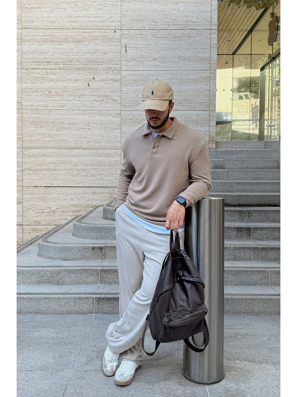 Bej Cali Erkek Regular Fit Polo Yaka Uzun Kollu Sweatshirt Tişört-3