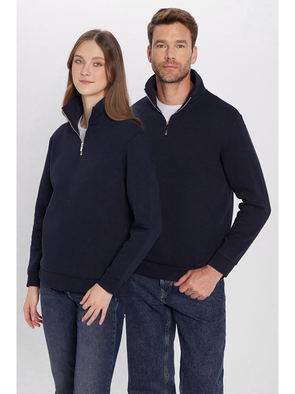 Unisex Relax Fit Rahat Kesim Pamuklu İçi Polarlı Yarım Fermuarlı Lacivert Dik Yaka Sweatshirt-3