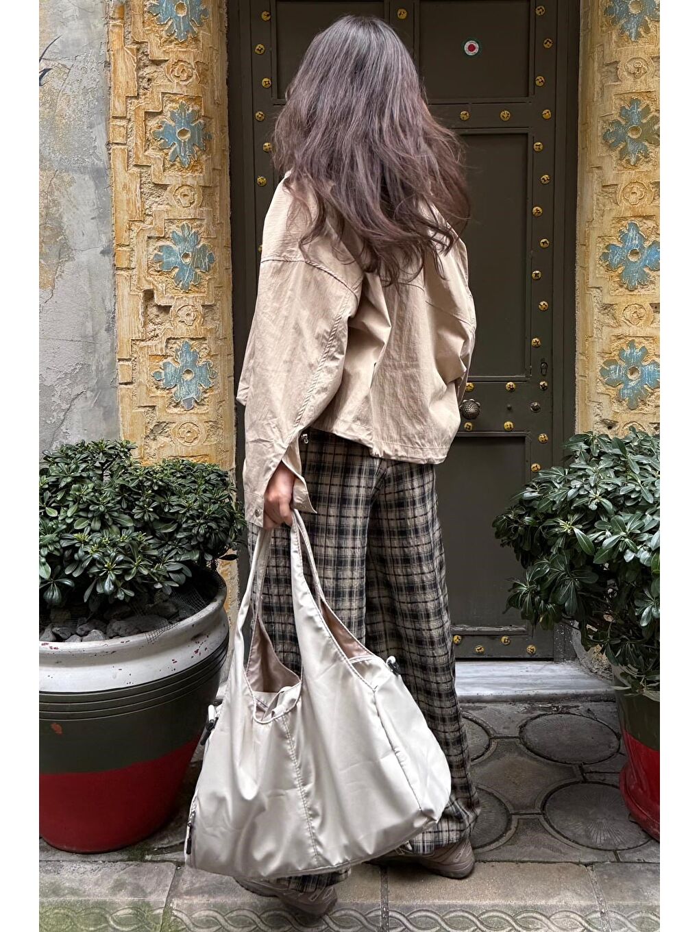 Bej Ekose Desenli Yüksek Bel Balon Fit Kadın Pantolon Mg2726-4