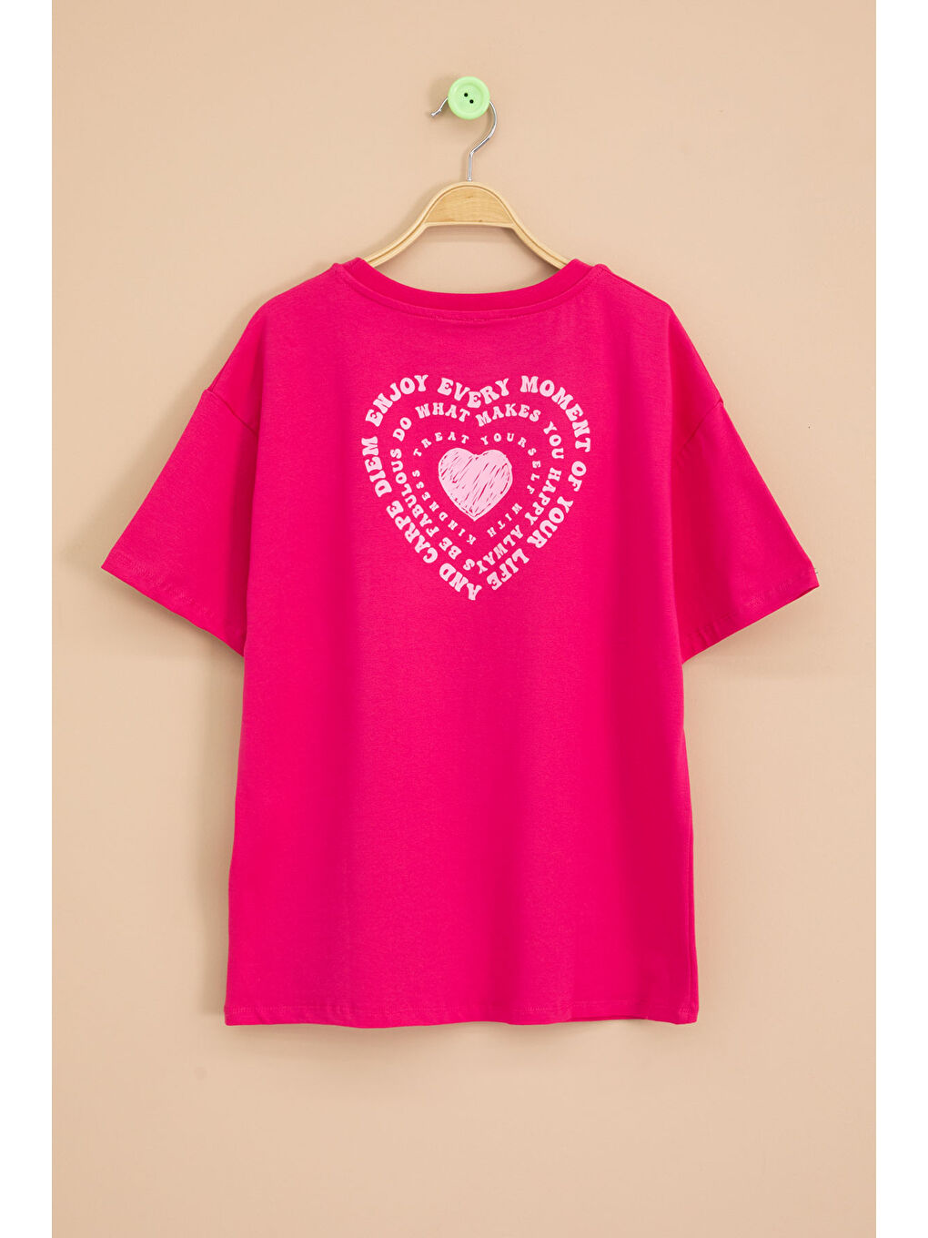 Fuşya Sırtı Kalp Baskılı Yazılı Kız Çocuk Bisiklet Yaka Tişört 20969-2