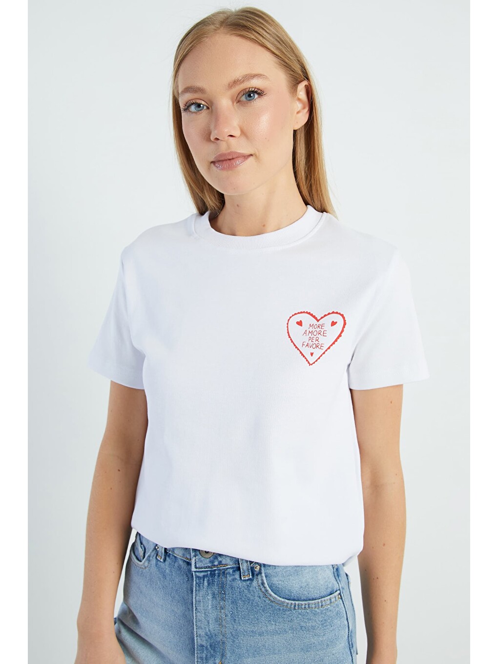 Beyaz More Amore Per Favore Baskılı Tişört-4