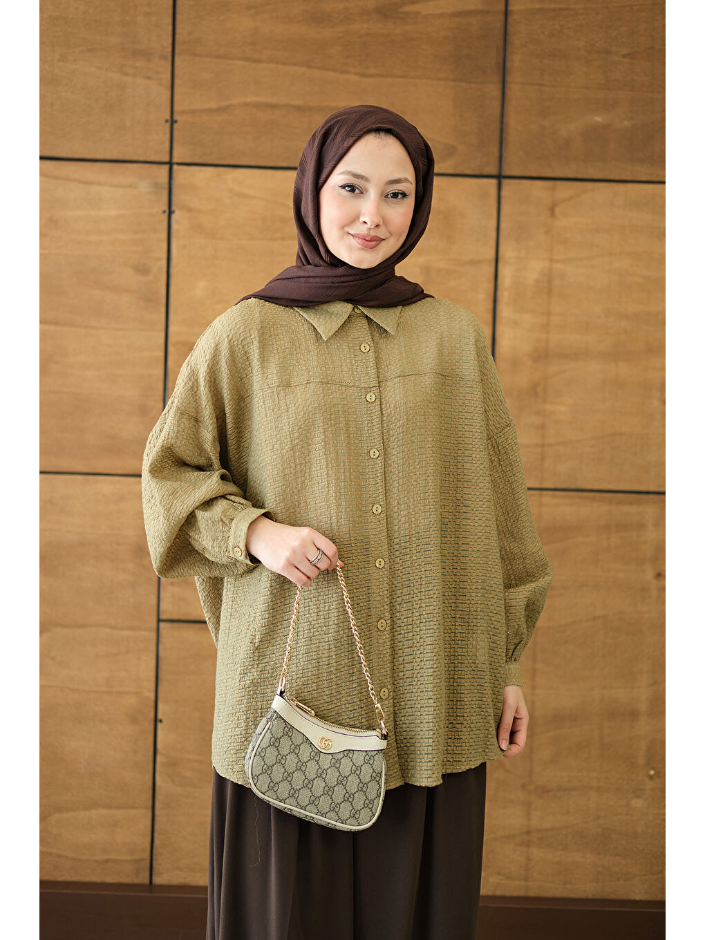 Kadın Kendinden Desenli Bel Bağlamalı Yağ Yeşil-3