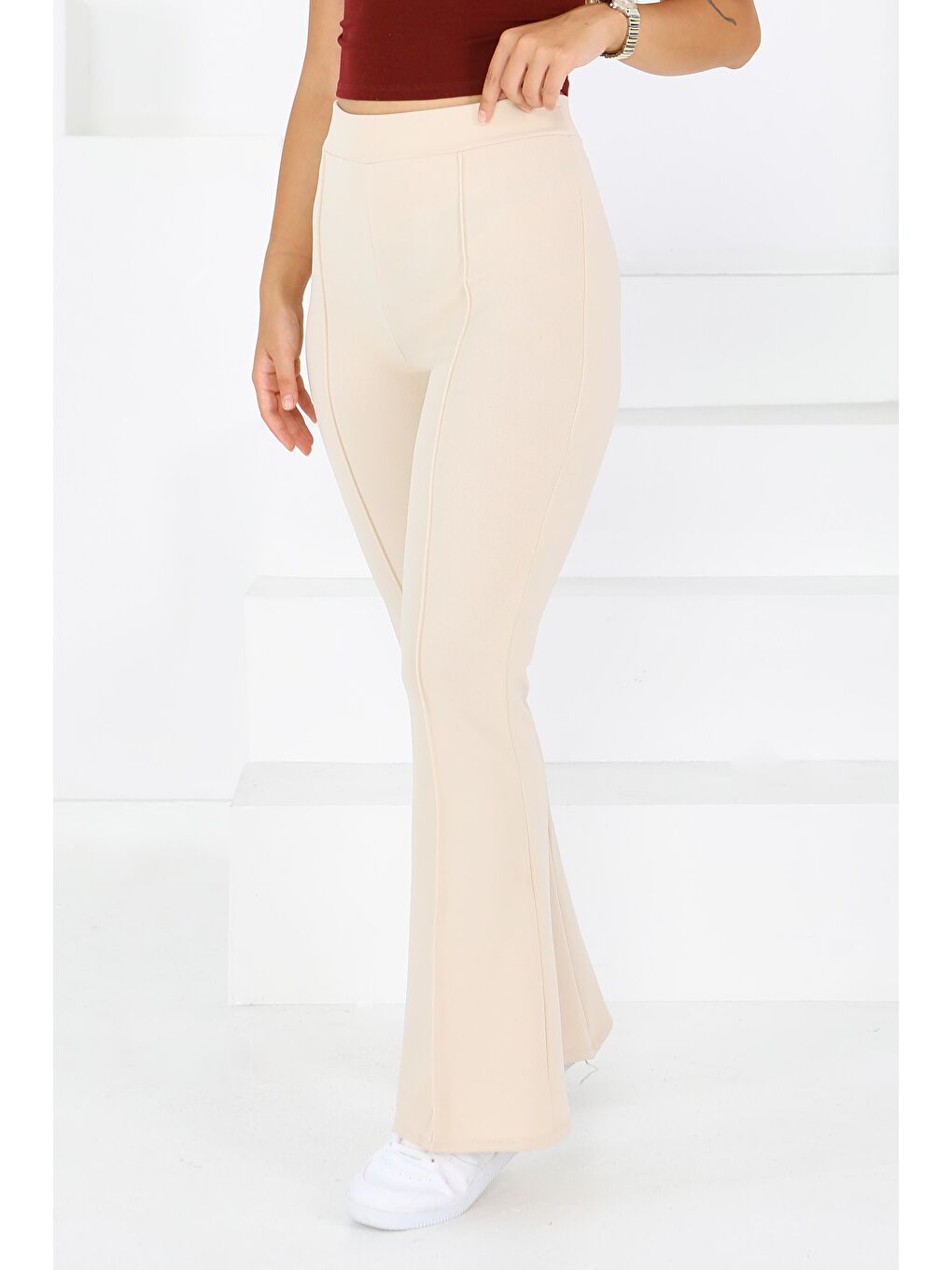 Ekru Çımalı İspanyol Paça Krep Pantolon Krem - 27623-2