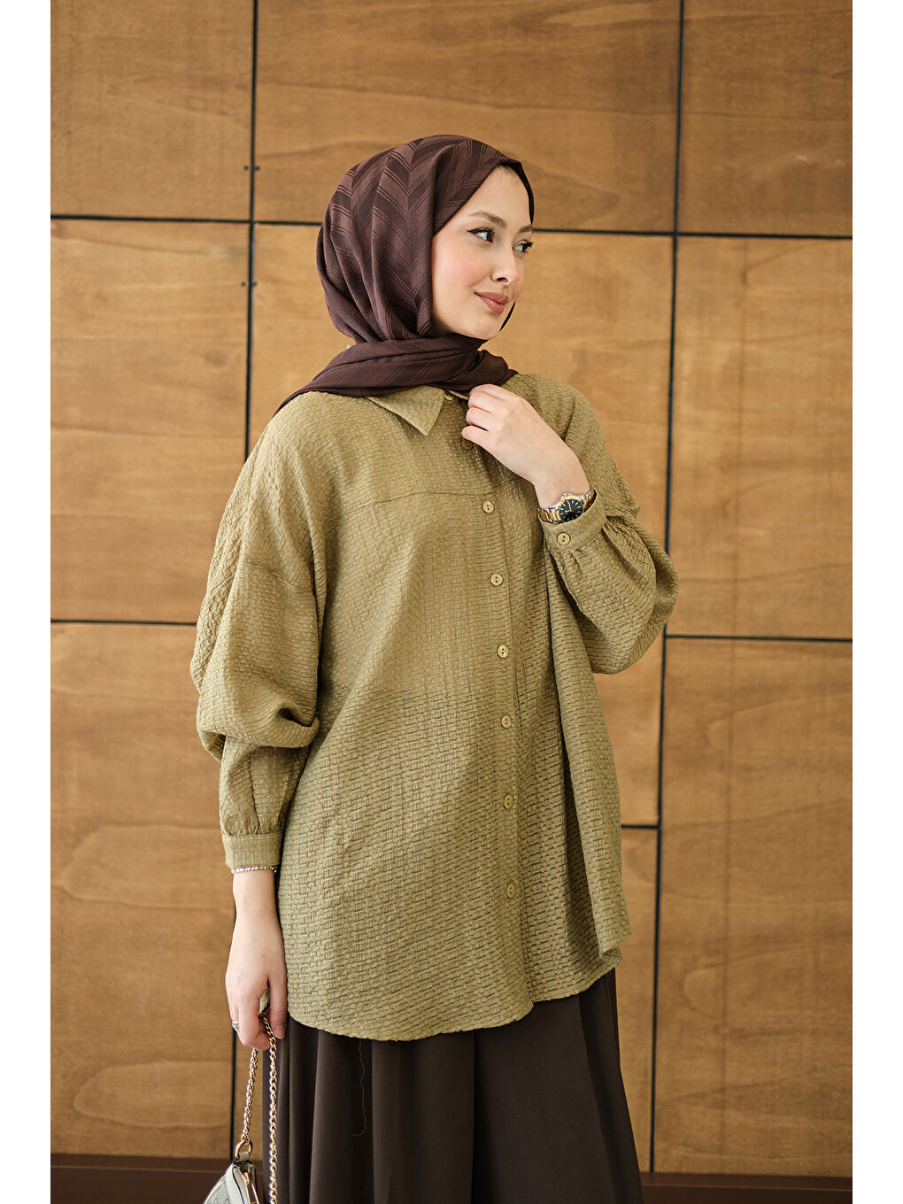 Kadın Kendinden Desenli Bel Bağlamalı Yağ Yeşil-4