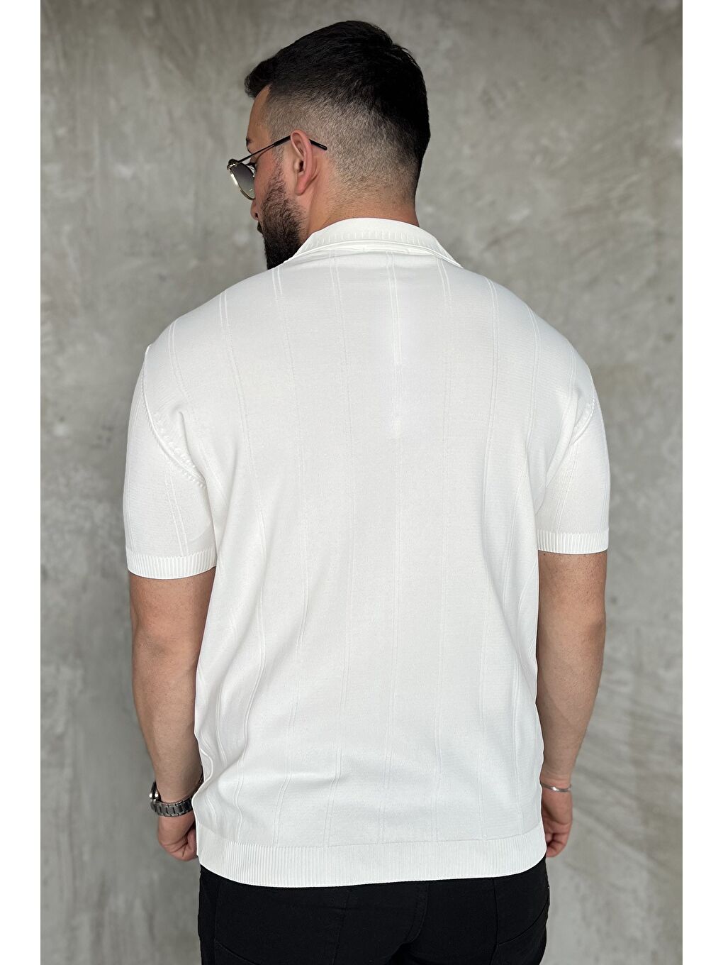 Ekru Erkek Bisiklet Yaka Yarım Fermuarlı Triko Tişört-2