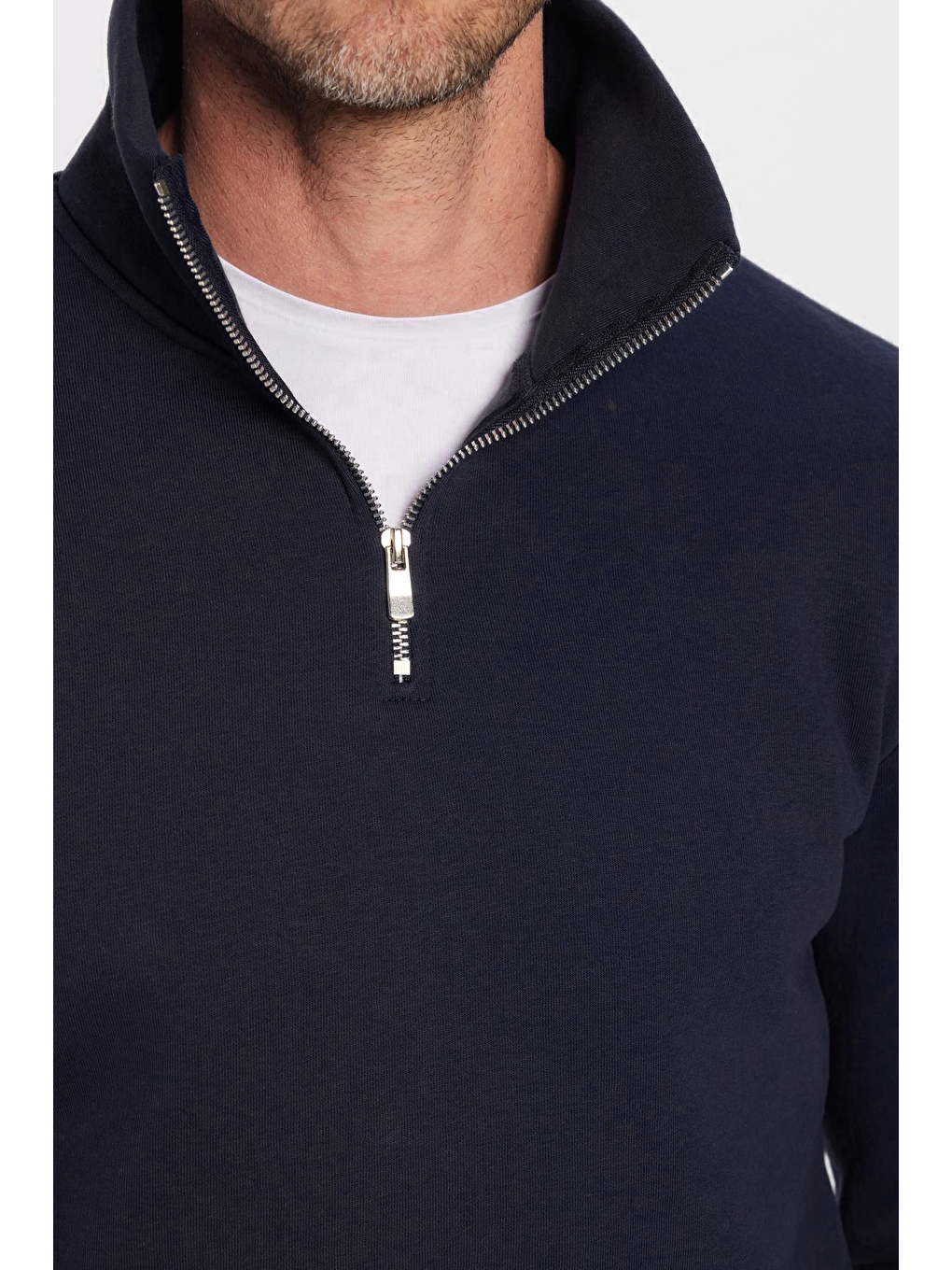 Unisex Relax Fit Rahat Kesim Pamuklu İçi Polarlı Yarım Fermuarlı Lacivert Dik Yaka Sweatshirt-5