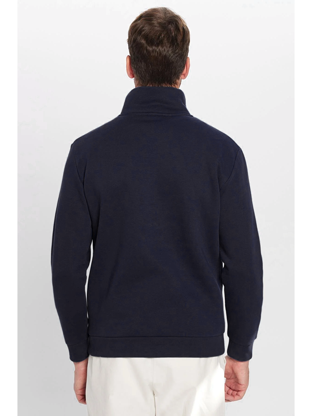 Unisex Relax Fit Rahat Kesim Pamuklu İçi Polarlı Yarım Fermuarlı Lacivert Dik Yaka Sweatshirt-6