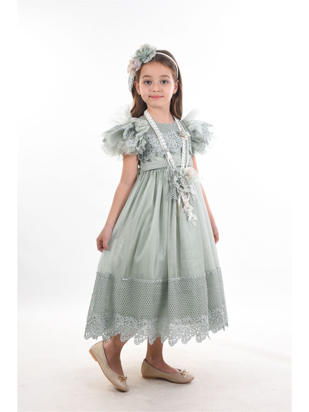Yeşil Saç Aksesuarlı Kız Çocuk Elbise-1