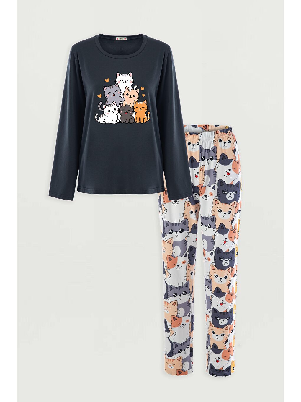 Kadın Gri Pamuklu Kedili Örme Pijama Takımı