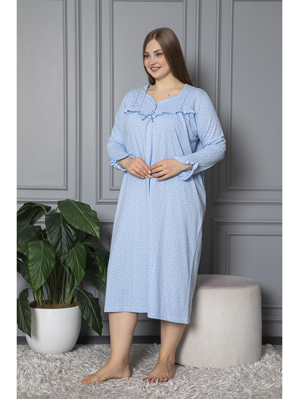 Mavi %100 Pamuklu Mevsimlik Uzun Kol Penye Büyük Beden Anne Gecelik 180-3