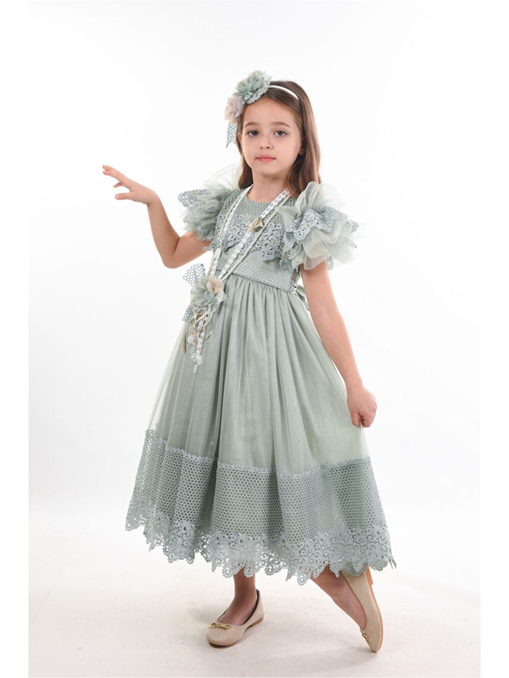 Yeşil Saç Aksesuarlı Kız Çocuk Elbise-2