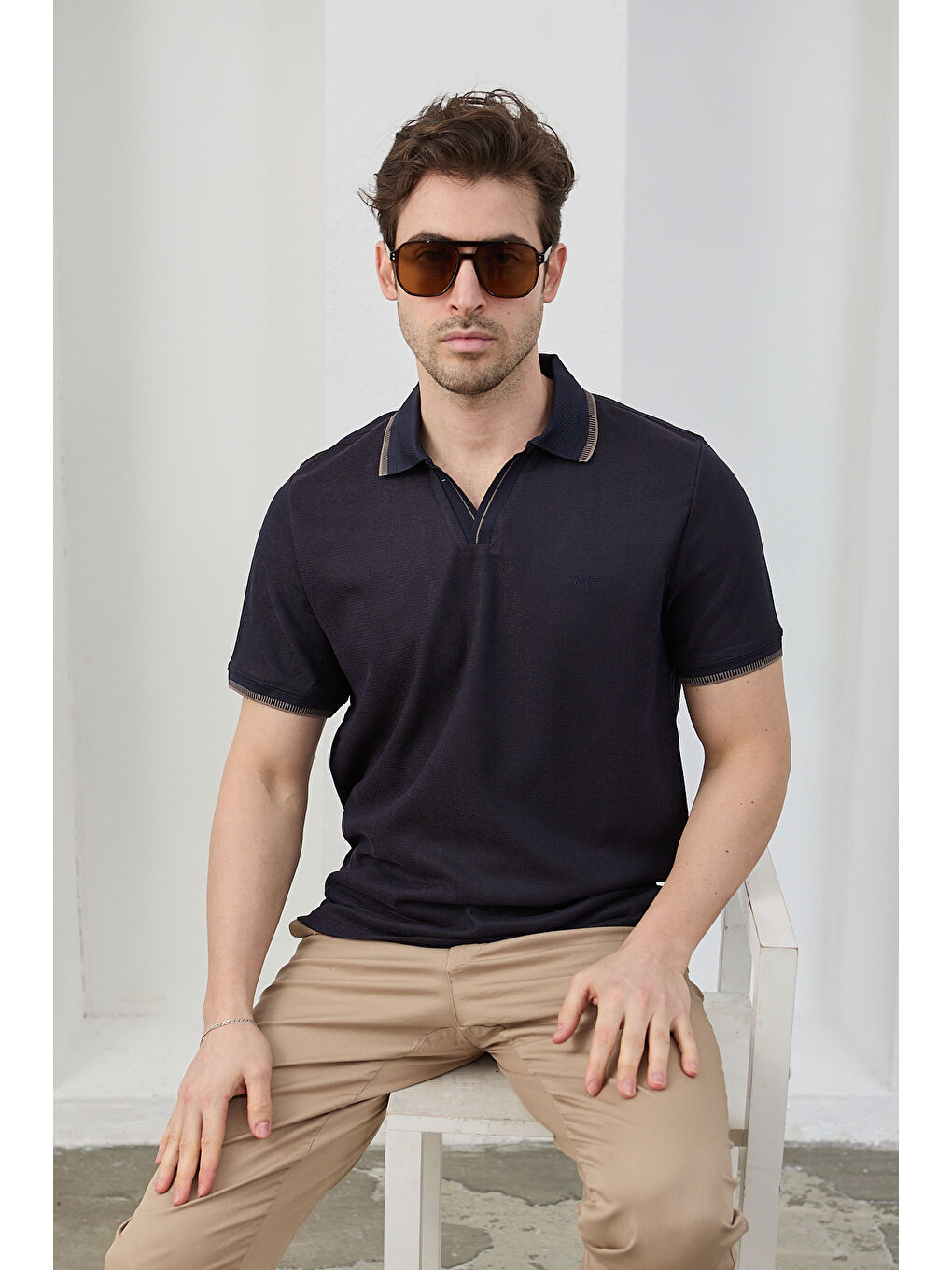 Lacivert Lodz Erkek Polo Yaka Tişört Çekmeyen Pamuklu Kumaş Regular Fit Günlük-7