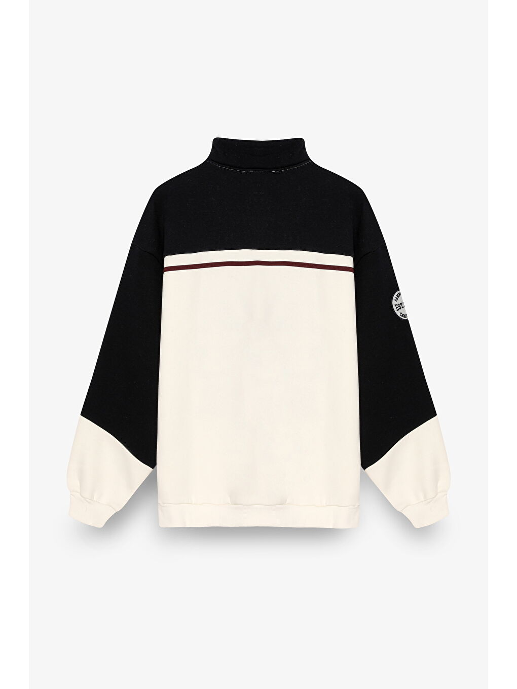 Dik Yaka Fermuarlı Renk Bloklu Oversize Sweatshirt Ekru-3