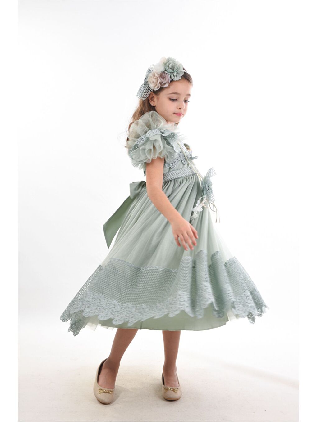 Yeşil Saç Aksesuarlı Kız Çocuk Elbise-3