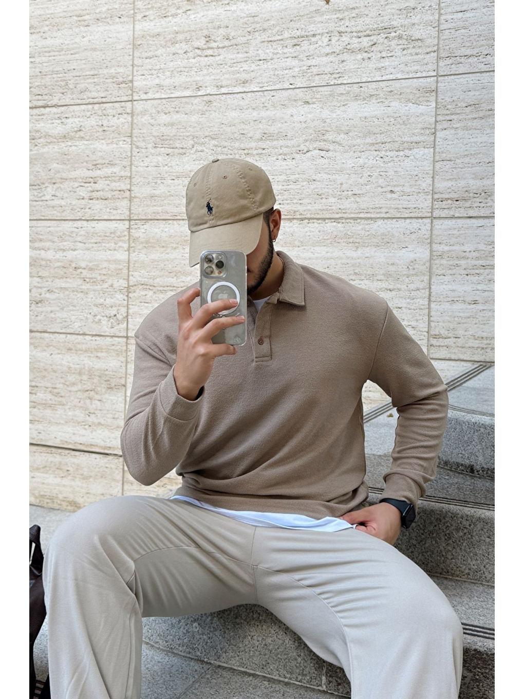 Bej Cali Erkek Regular Fit Polo Yaka Uzun Kollu Sweatshirt Tişört-4