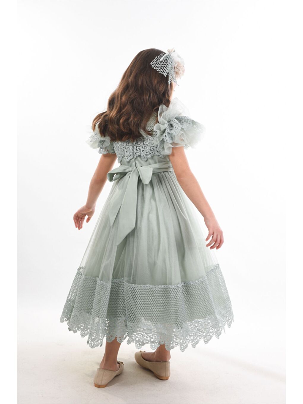 Yeşil Saç Aksesuarlı Kız Çocuk Elbise-4