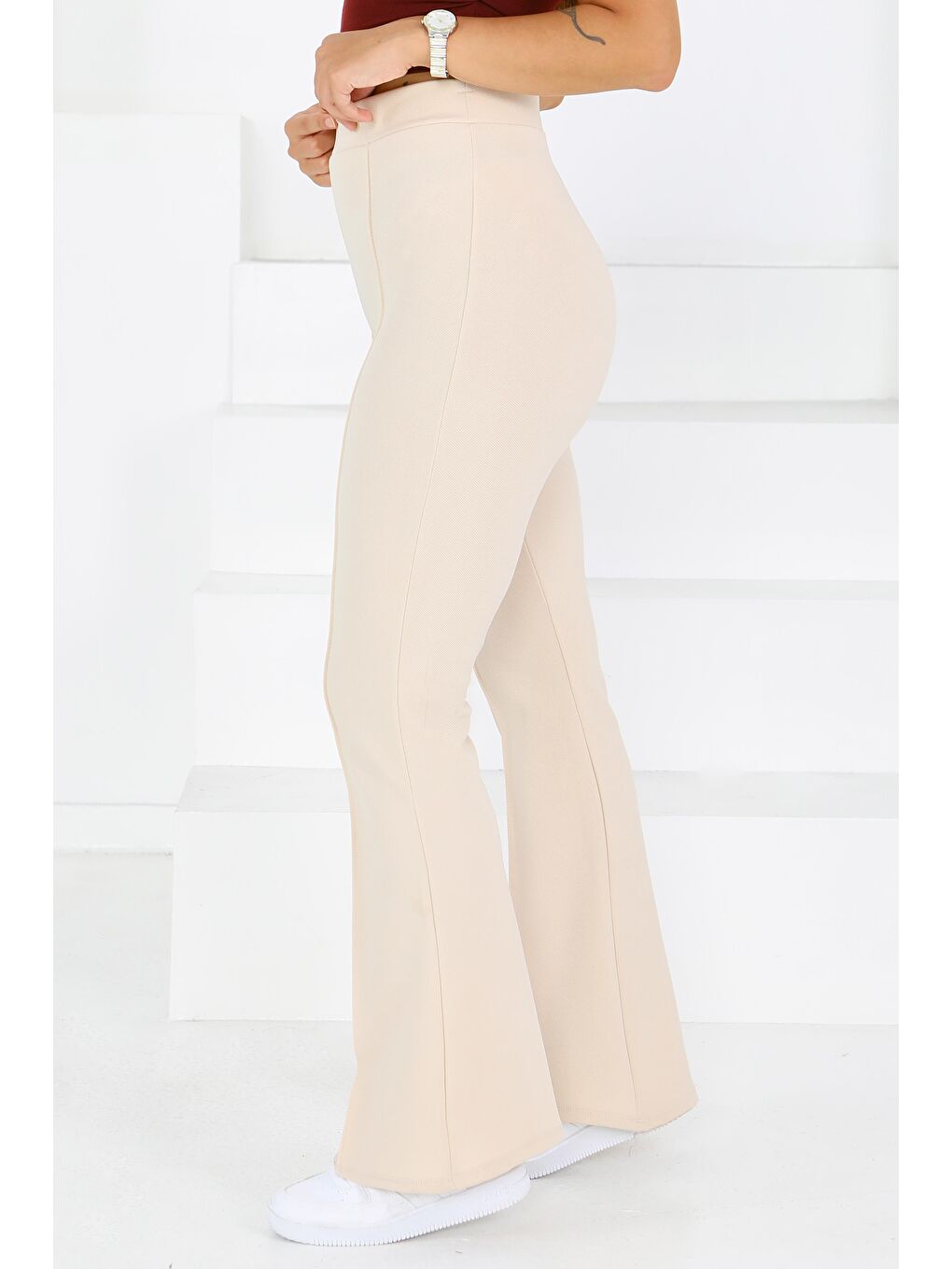 Ekru Çımalı İspanyol Paça Krep Pantolon Krem - 27623-3