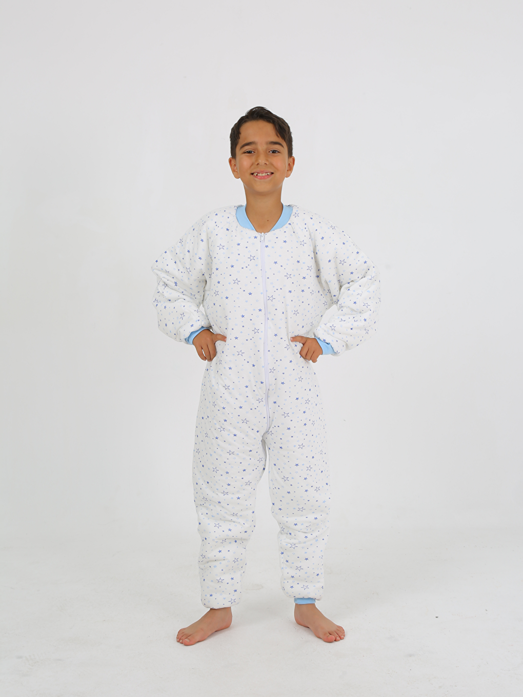 Ekru V Yaka Baskılı Elyaf Dolgulu Erkek Çocuk Uyku Tulumu 10 - 12 Yaş