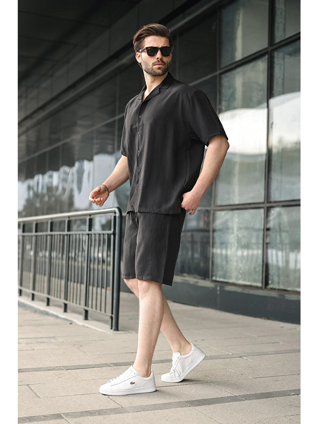 Siyah Kumaş Erkek Şort Gömlek Takım E7352-1