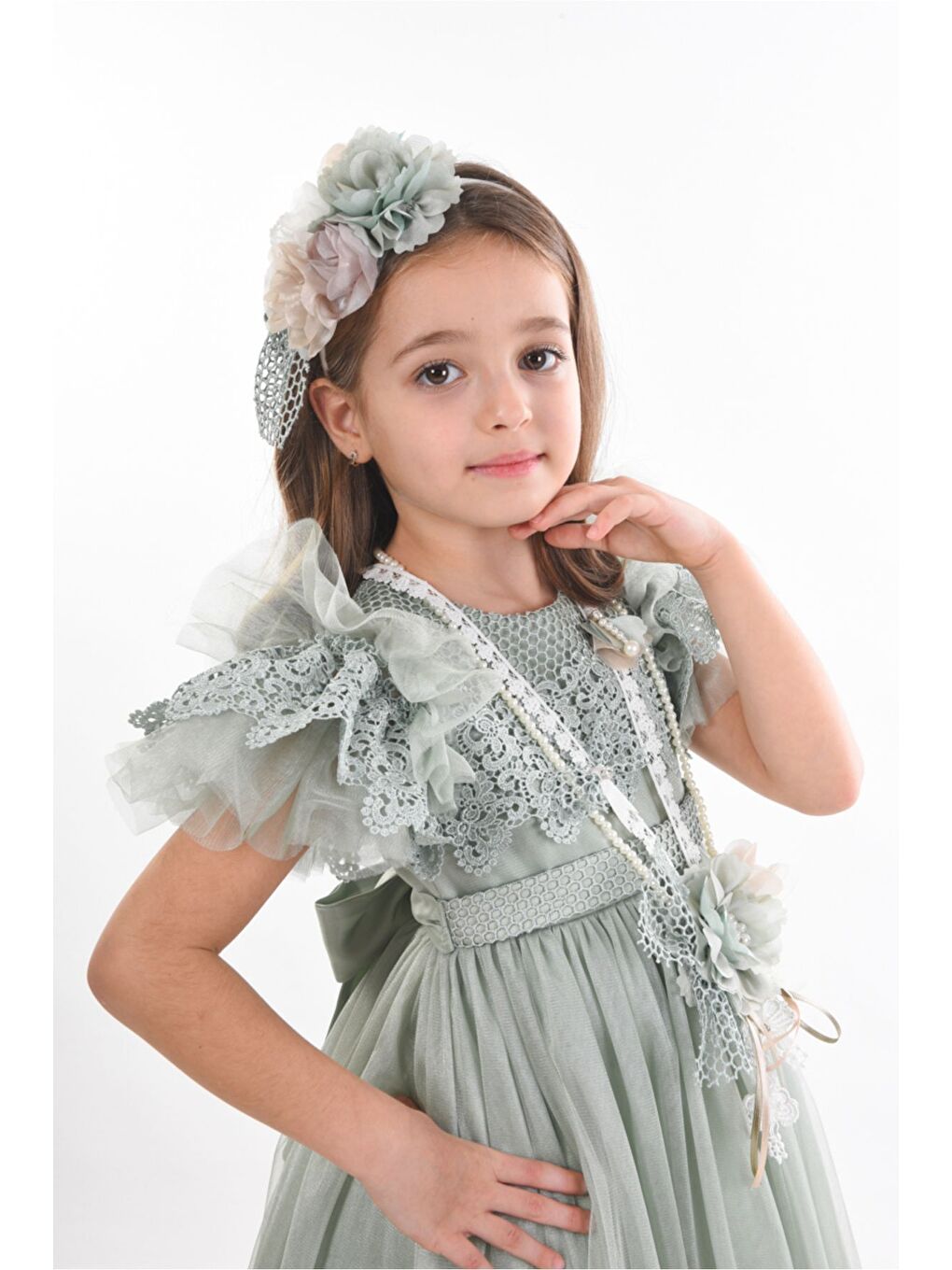 Yeşil Saç Aksesuarlı Kız Çocuk Elbise-5