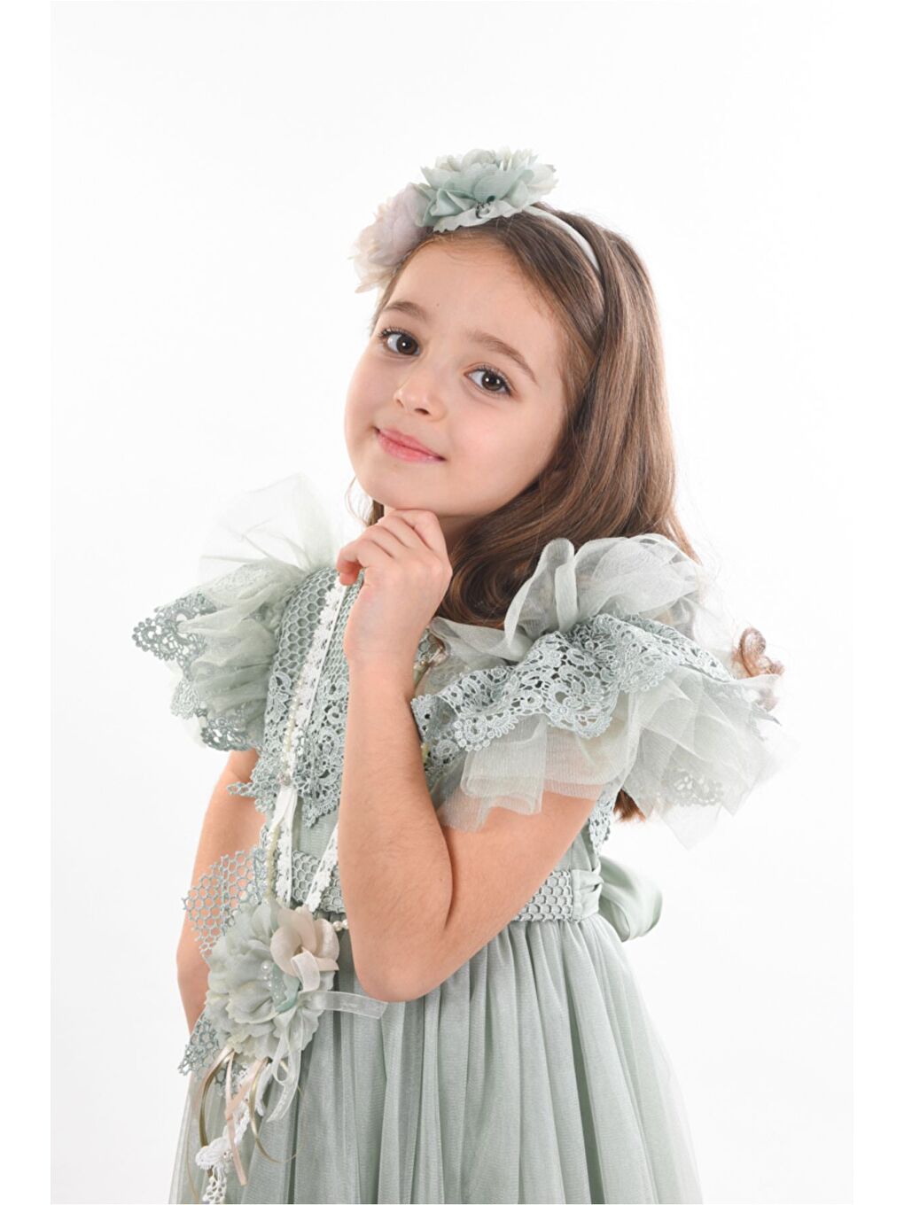 Yeşil Saç Aksesuarlı Kız Çocuk Elbise-6