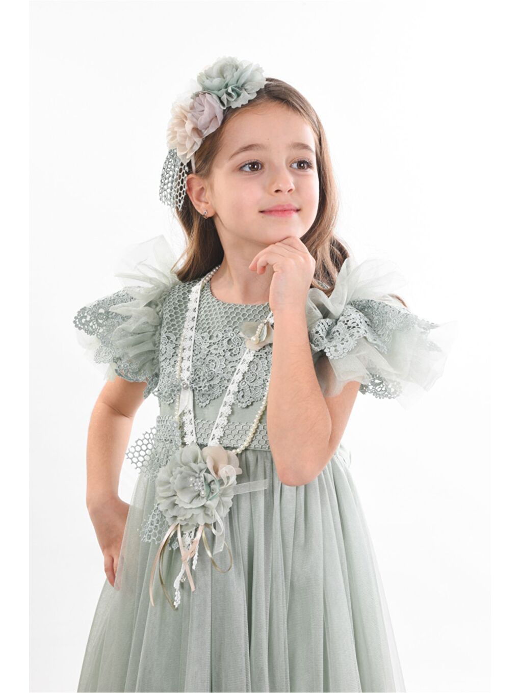 Yeşil Saç Aksesuarlı Kız Çocuk Elbise-7