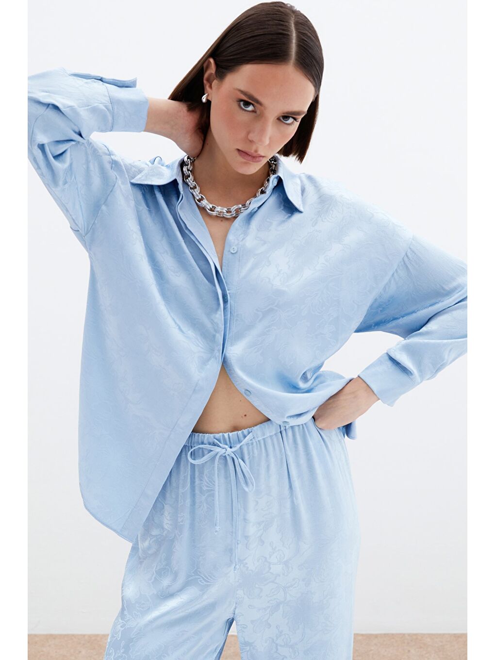 Jakarlı Saten Gömlek - Bebe Mavi-1