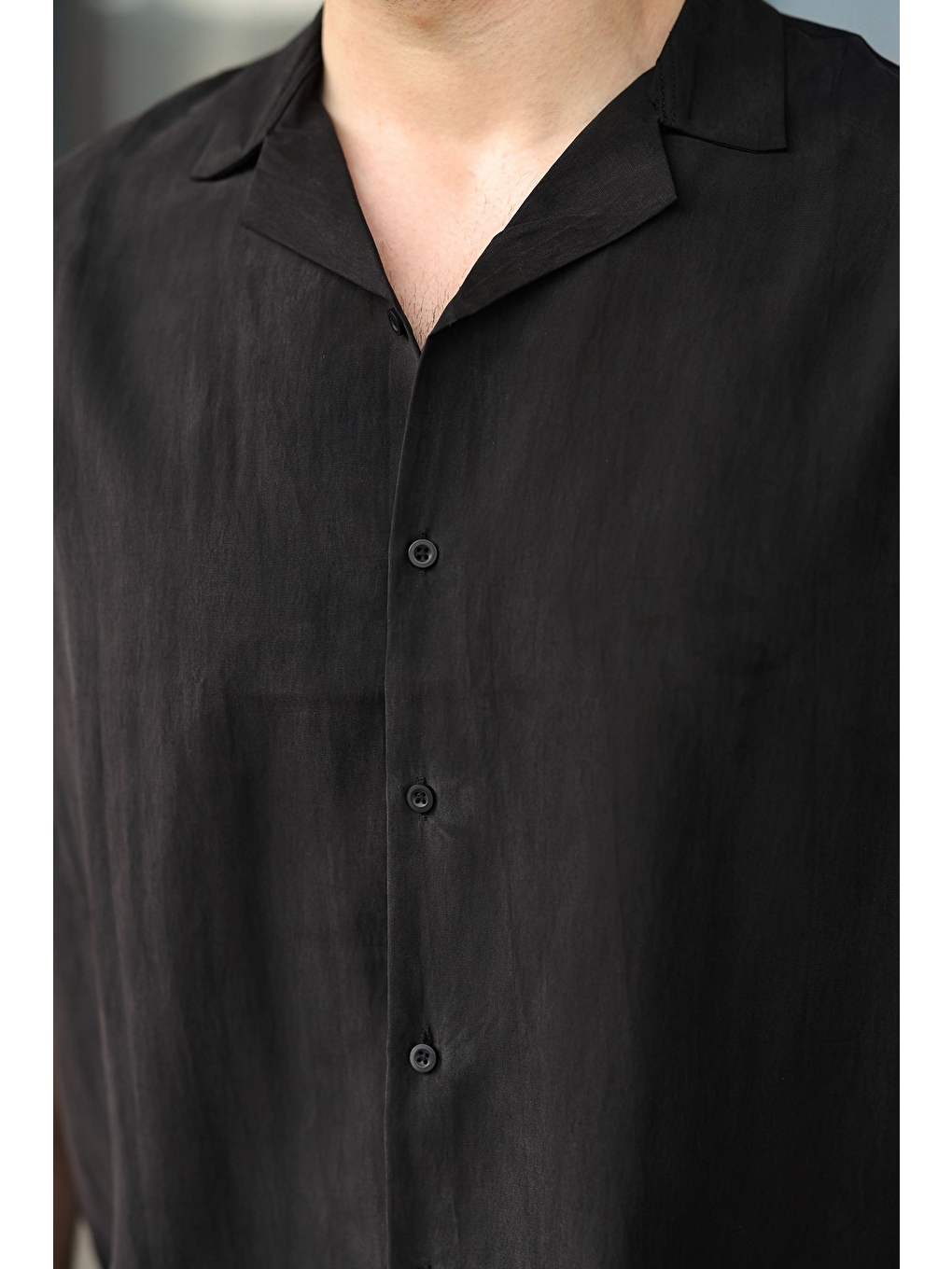 Siyah Kumaş Erkek Şort Gömlek Takım E7352-2