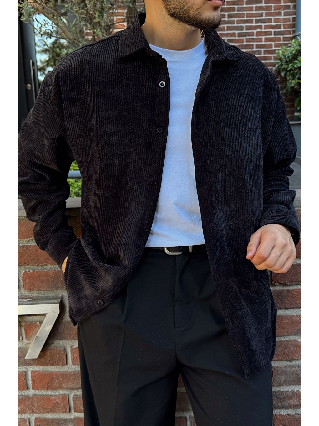 Siyah Yotau Erkek Oversize Fit Kadife Uzun Kollu Gömlek Ceket-3