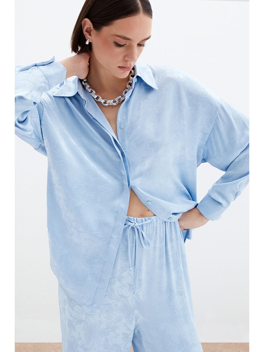 Jakarlı Saten Gömlek - Bebe Mavi-2