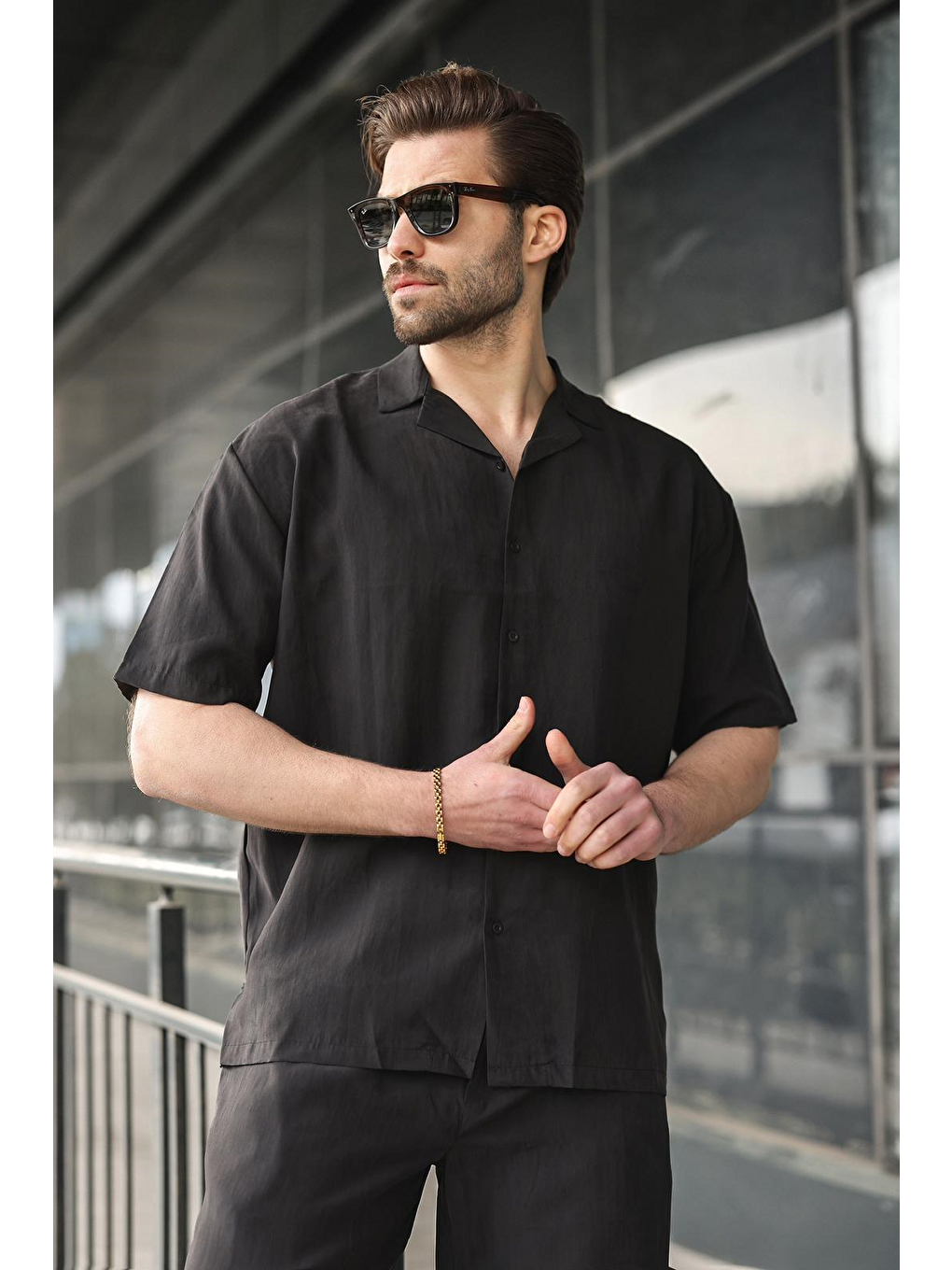 Siyah Kumaş Erkek Şort Gömlek Takım E7352-3