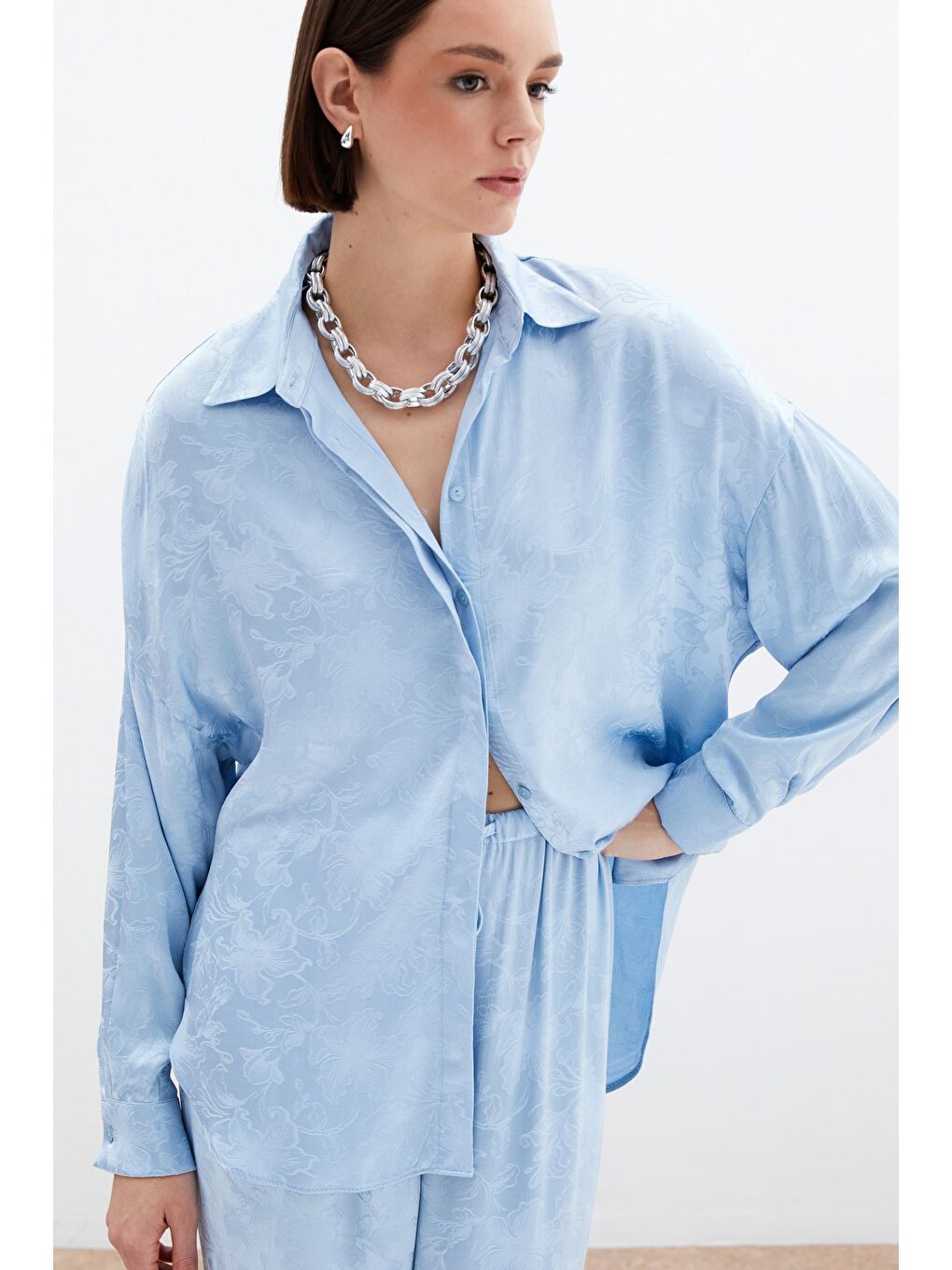 Jakarlı Saten Gömlek - Bebe Mavi-3