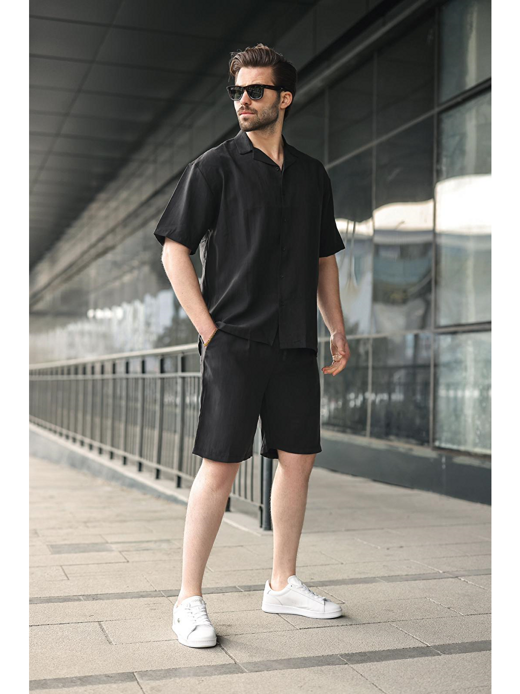 Siyah Kumaş Erkek Şort Gömlek Takım E7352-4