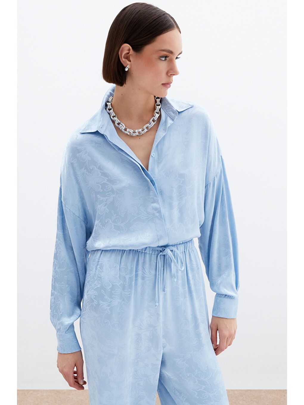 Jakarlı Saten Gömlek - Bebe Mavi-4