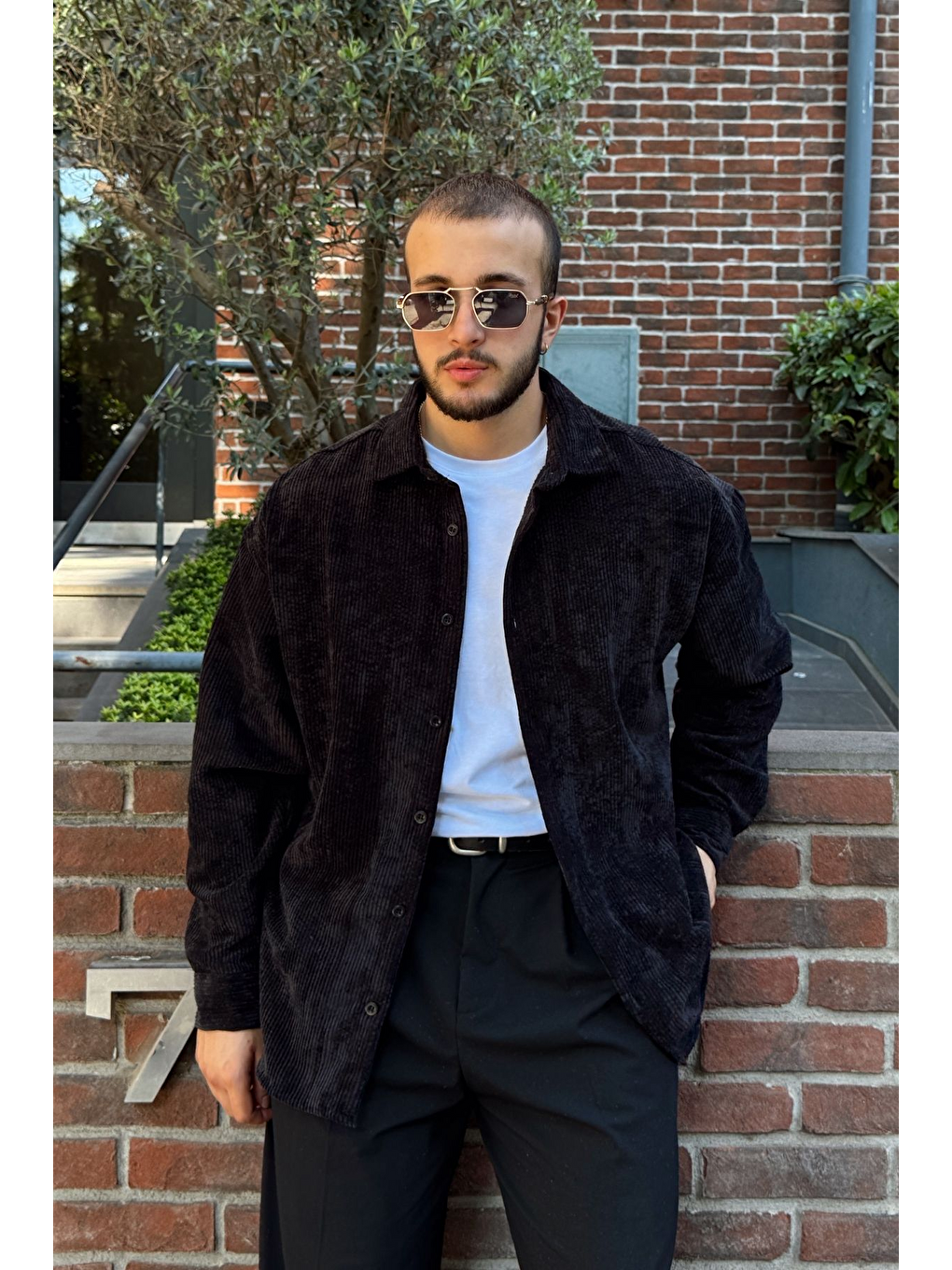 Siyah Yotau Erkek Oversize Fit Kadife Uzun Kollu Gömlek Ceket-4