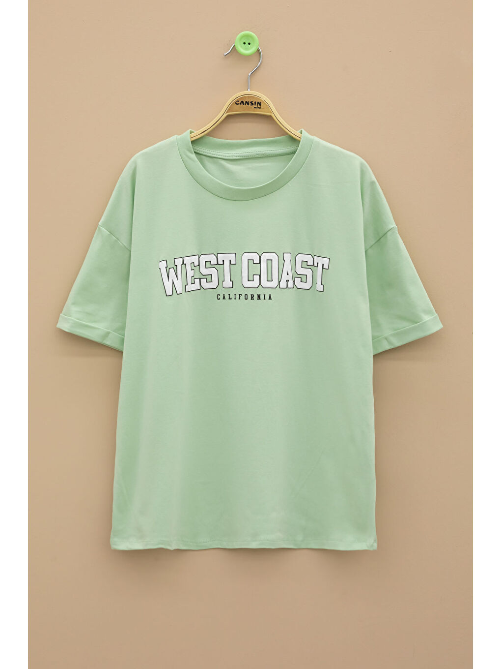 Yeşil West Coast Yazılı Kısa Kol Kız Çocuk Bisiklet Yaka Tişört 20964