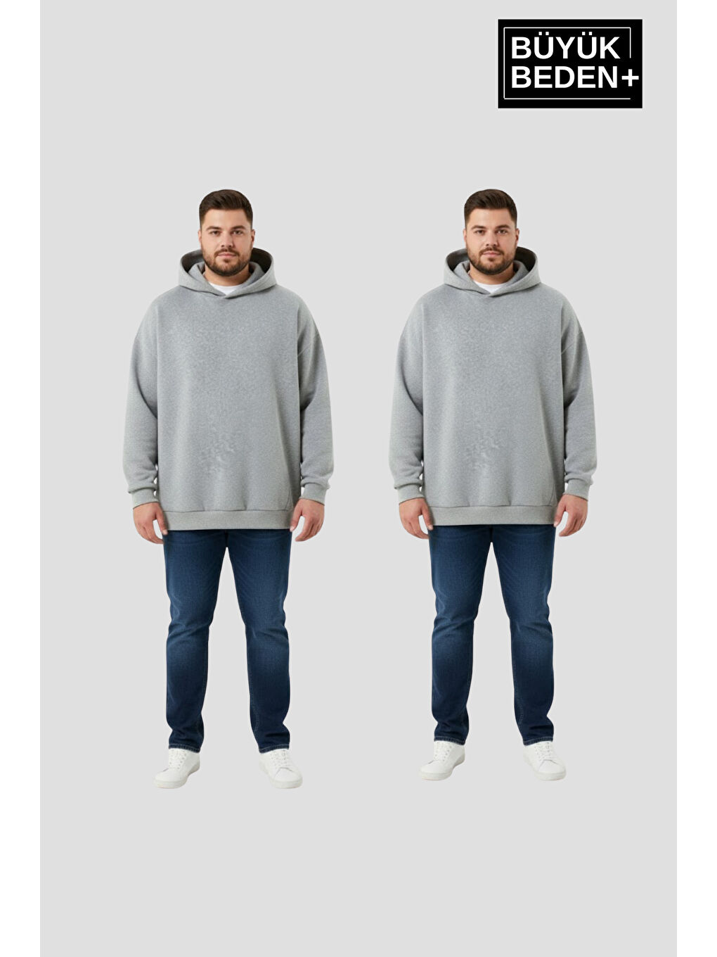 Gri Erkek Büyük Beden 2' li Set Kapüşonlu Kollar Ve Etek Ribanalı ince Swatshırt SPR26BSW957+2