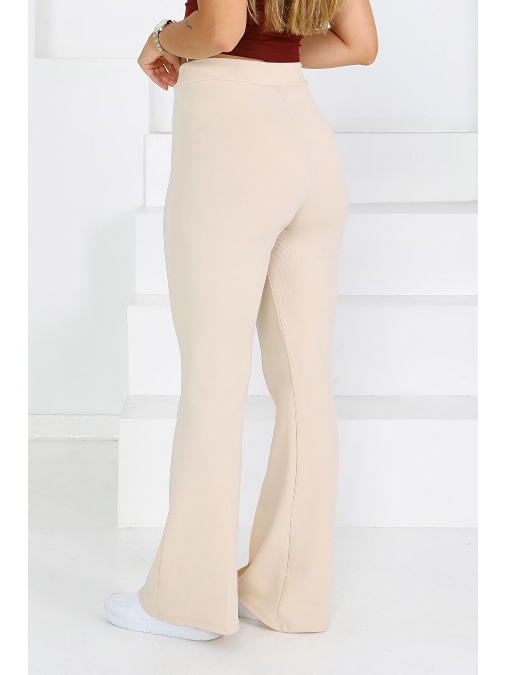 Ekru Çımalı İspanyol Paça Krep Pantolon Krem - 27623-4