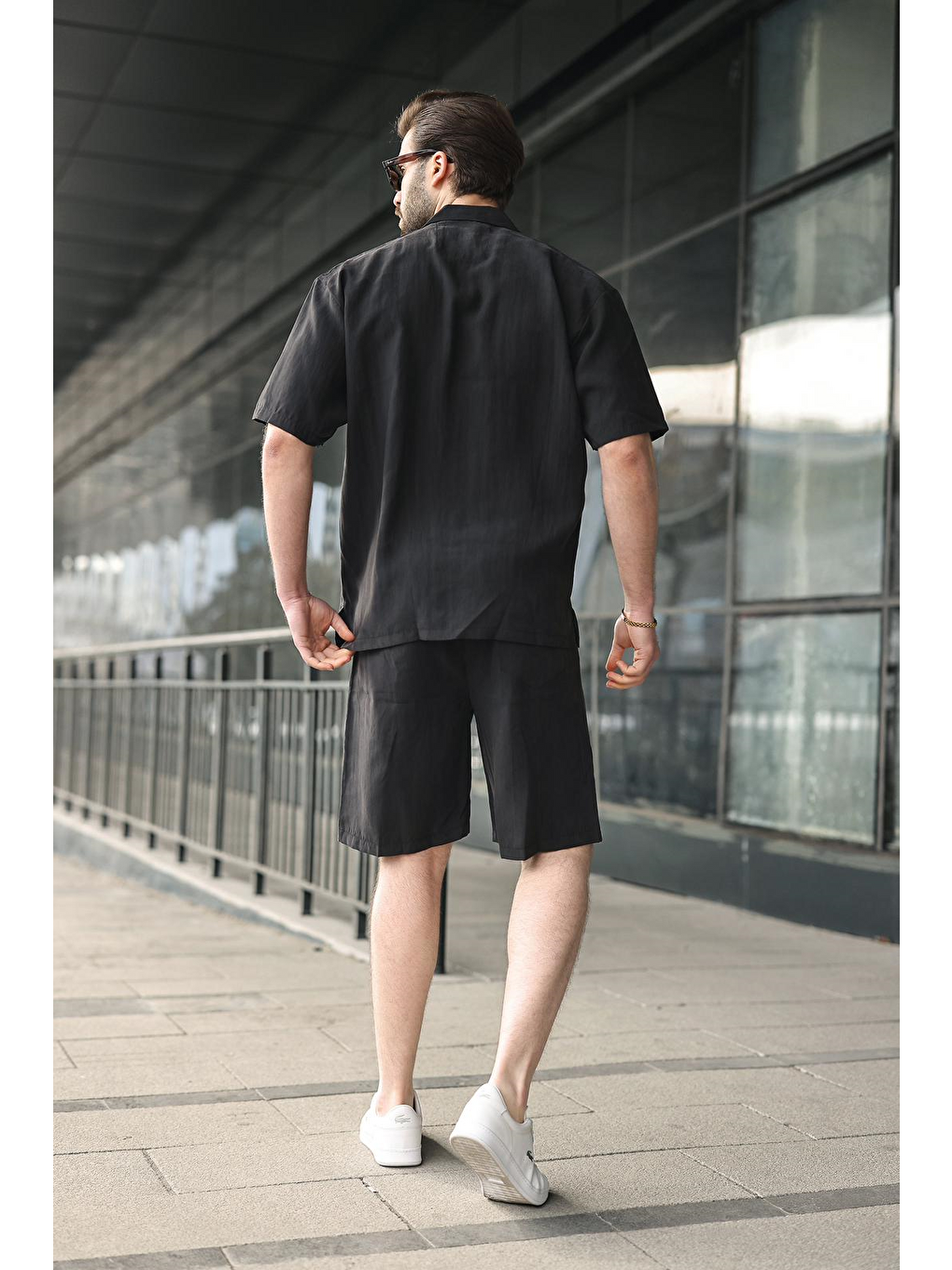 Siyah Kumaş Erkek Şort Gömlek Takım E7352-5