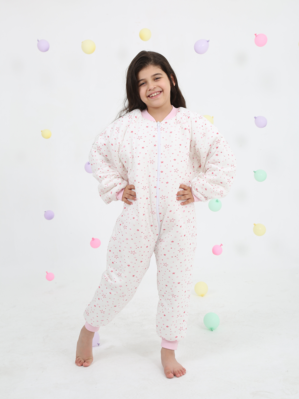 Ekru V Yaka Baskılı Elyaf Dolgulu Kız Çocuk Uyku Tulumu 10 - 12 Yaş