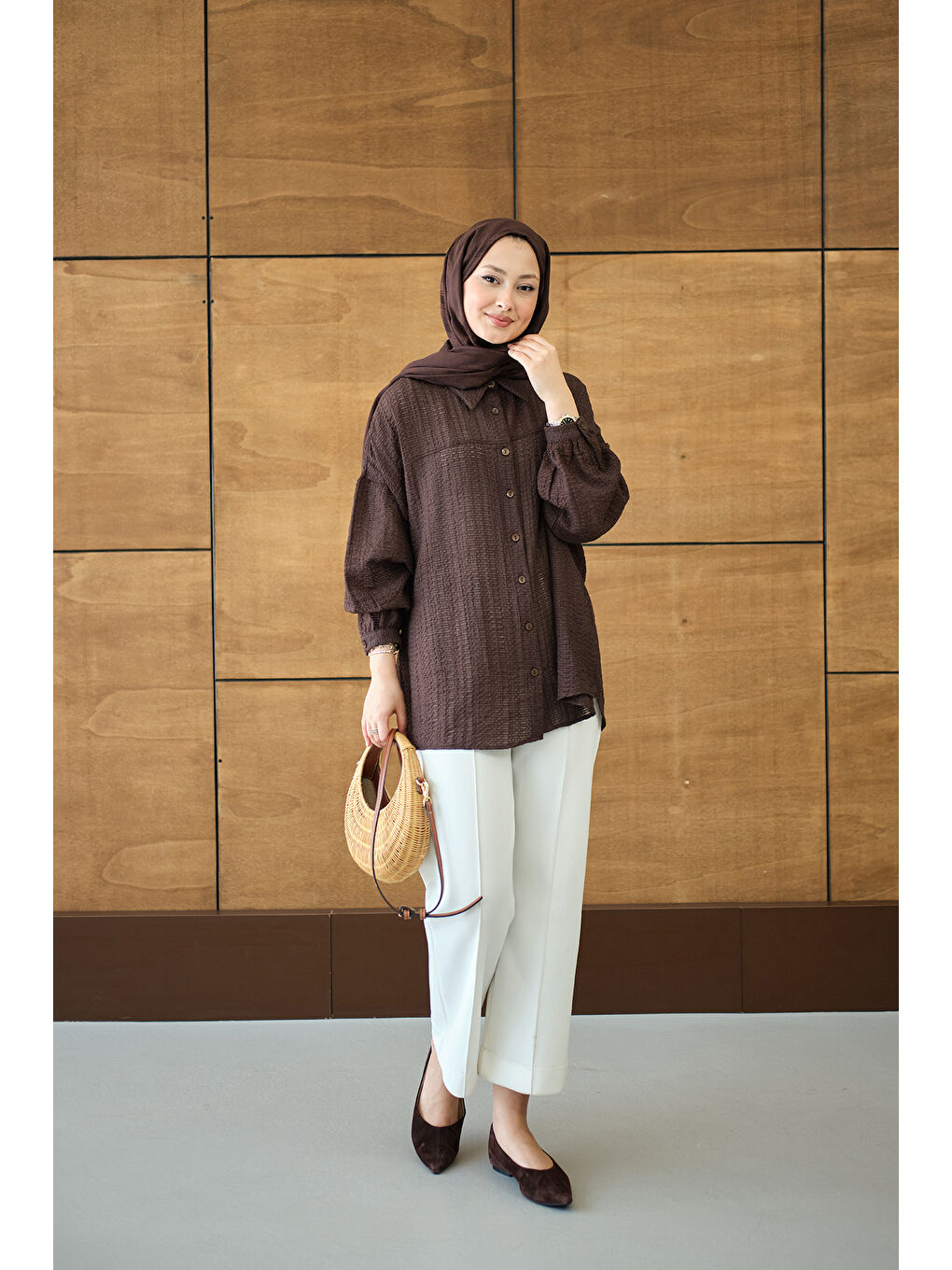 Kadın Kendinden Desenli Bel Bağlamalı Kahverengi-1