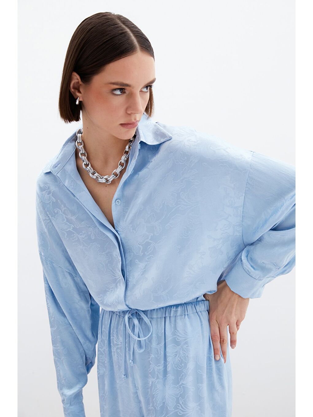 Jakarlı Saten Gömlek - Bebe Mavi-6