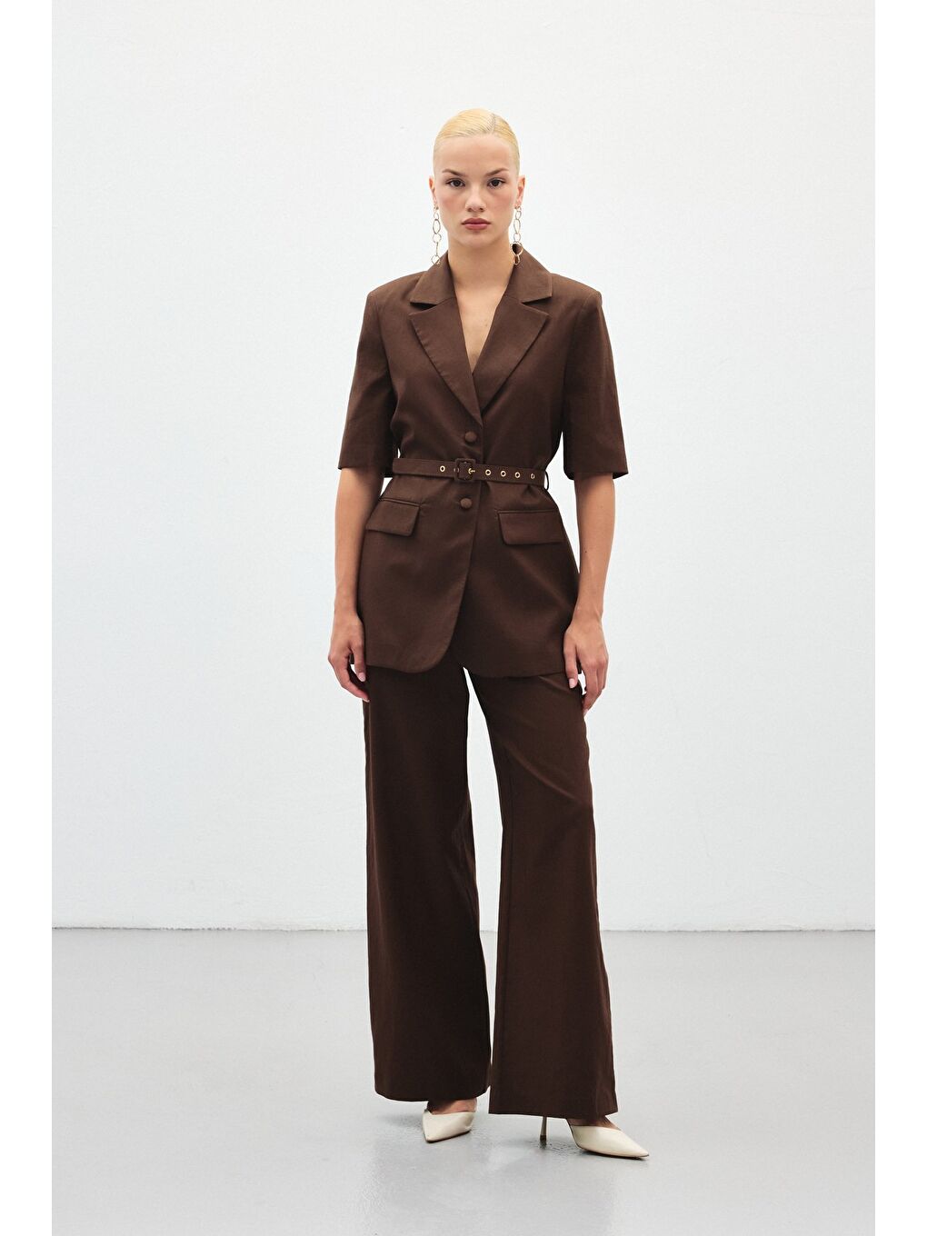 Kahverengi Bol Paça Keten Pantolon - Kahve